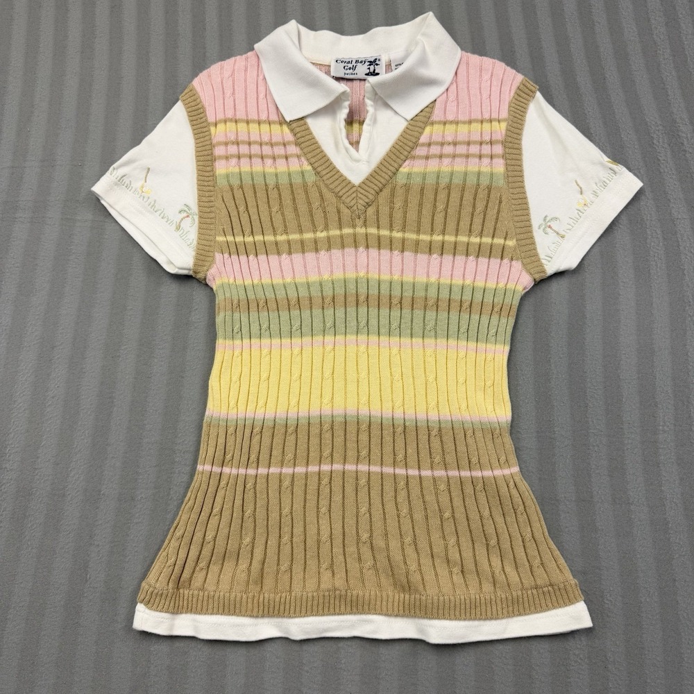 Coral Bay Polo Women's Petite Small Mock Cable Knit Sweater Vest Golfcore Y2K